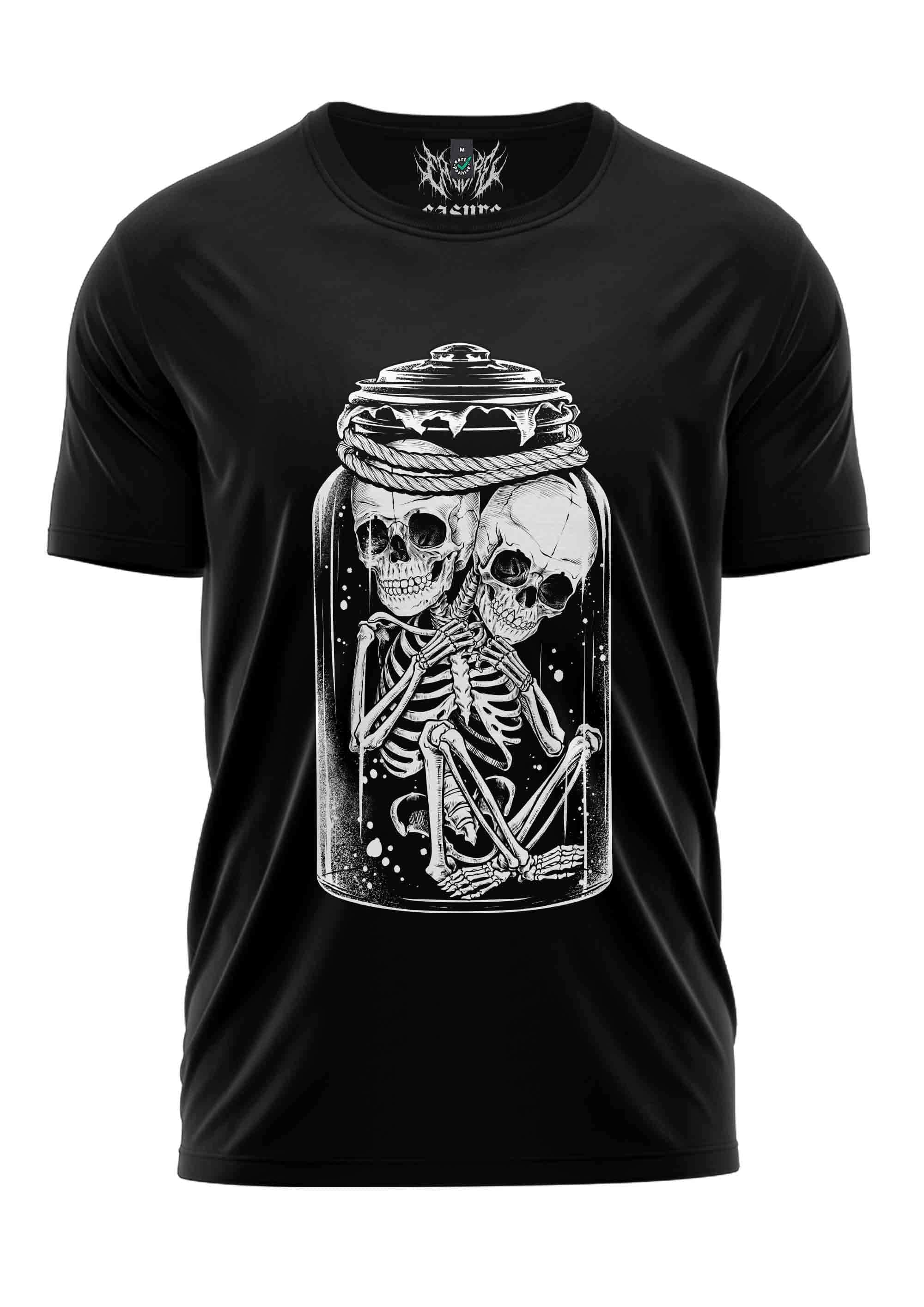 Schwarzes lizzy and jill shirt mit weißem grafikdesign zweier skelette in einem glas mit seilverschluss